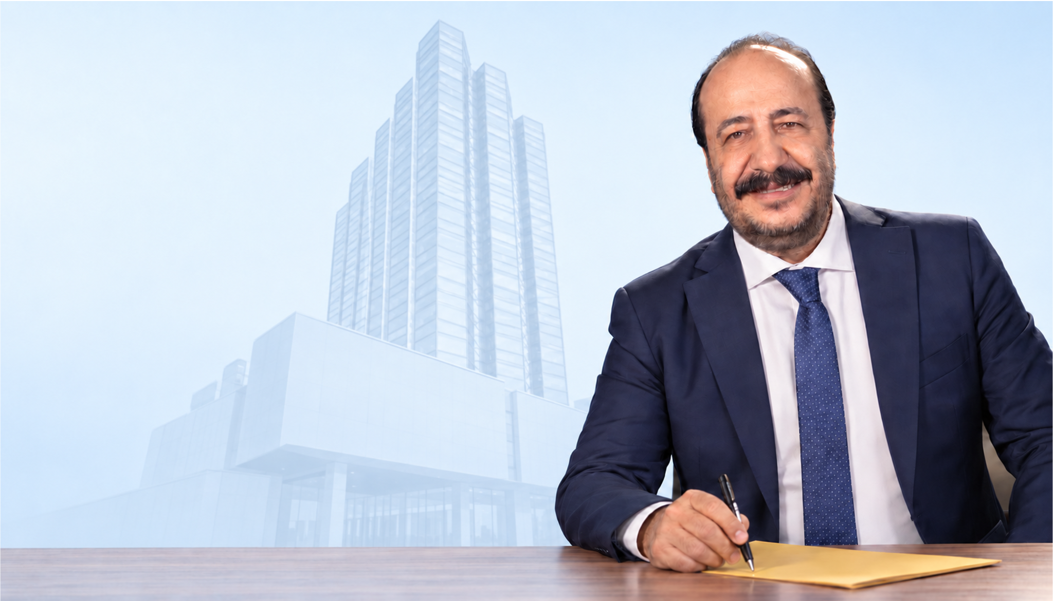 Adnan Dalgakıran masada otururken, arka planda İstanbul Sanayi Odası binası